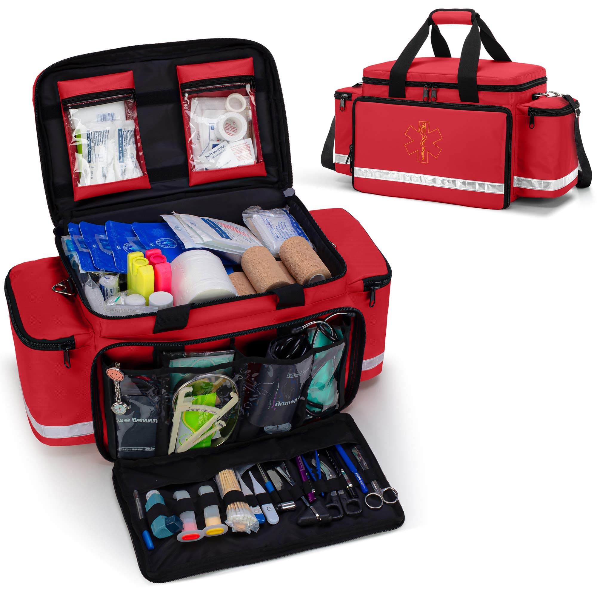 Trunab Emergency Responder Trauma Bag Empty, Professional Large First Aid Bag Medical Bag with Inner Dividers and Non-Scratch Bottom, Ideal for EMT, EMS, Paramedics, Red, Bag Only, Patented Design