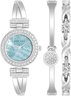 Anne Klein レディースプレミアムクリスタルアクセントバングルウォッチとブレスレットセット, シルバー/ライトブルー, 日本製。