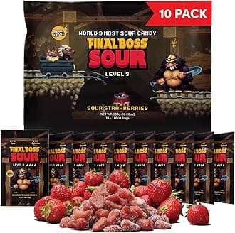 - Sour Candy, Sour Strawberries, 10 Pack, Level 3, Fruit Chews with Real Dried Fruit, No Artificial Colors or Flavors, Low Calorie Snack for Kids, Teens, Adults, Lunch Boxes