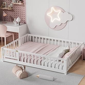 - i-POOK Full Size Floor Bed for Children, Solid Wood Montessori Bed Frame with Fence & Door Montessori Floor Bed with Safety Guardrails for Girls and Boys, White (with Bed Slats)