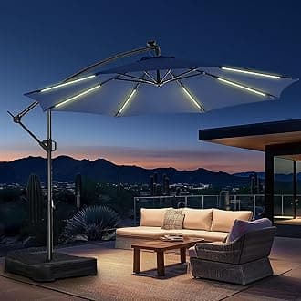 10ft Solar Lights Offset Cantilever Patio Umbrella - with Light and Base, LED Lighted Offset Hanging Patio Outdoor Market Umbrella UPF50+ UV Protection with Easy Tilt and Crank (Navy Blue)
