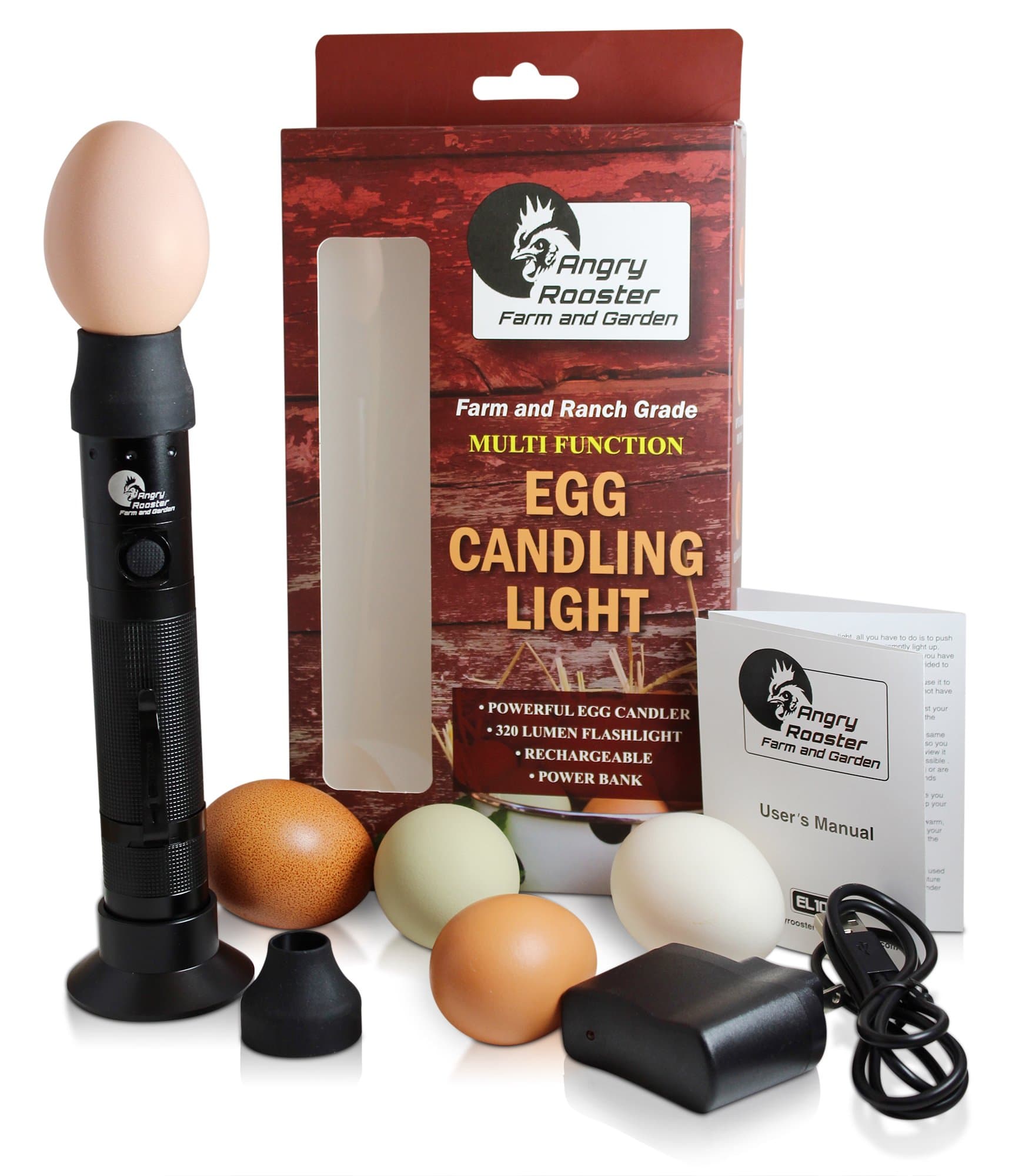 EL100 Multi Function Farm Grade Rechargable Egg Candler Flashlight and More by Angry Rooster Farm and Garden