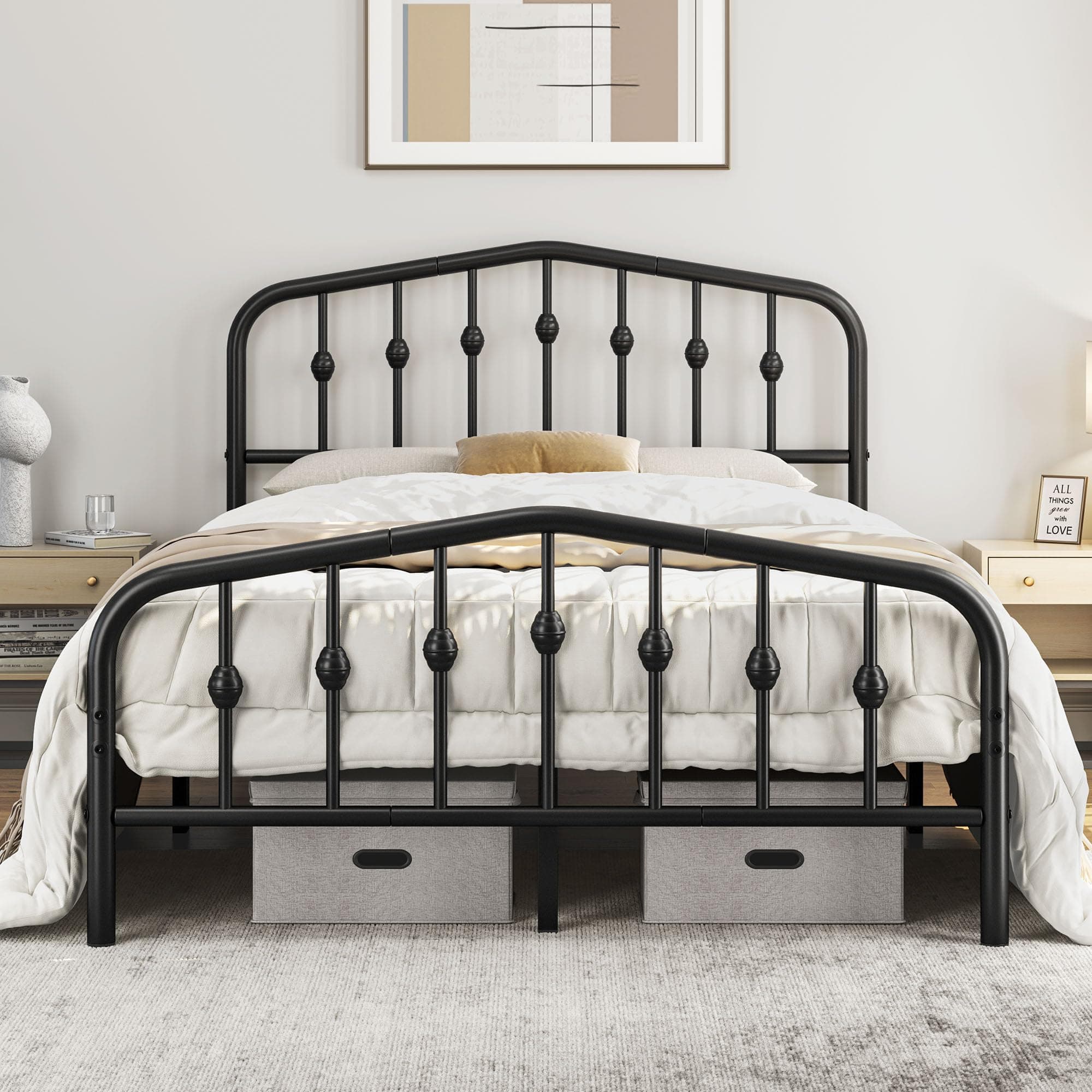 Yaheetech 4ft6 Double Bed Frames Slatted Metal Bed with Crown-inspired Design Headboard/Spacious Under-bed Storage Black