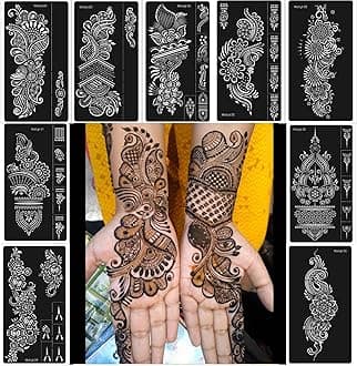 Henna Stencils 9 Sheet Henna Tattoo Kit, Reusable Henna Stickers for Hand Forearm Indian Arabian Self Adhesive Tattoo Templates