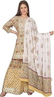 MEERA FAB Women Cotton Festive Embrodriery Printed Kurta With Sharara & Dupatta