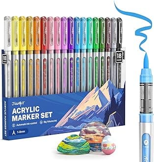 JusArt Acrylic Marker Pens, 18 Color Set, Water-based, Sparkling, Broad, Acrylic Paints, Large Capacity, Illustration, For Writing Fabrics, Glass, Plar, Stone, Wood, Pottery, Metal.