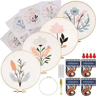 Maydear 4 Sets Embroidery Kit Punch Needle Kit,Embroidery Kit for Beginners Cross Stitch Kits with Embroidery Hoop and Instructions, Hand Embroidery Starter Kit for Adults (Four Flowers)