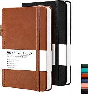 RETTACY Pocket Journal Notebook, 2-Pack, 160 Numbered Lined Pages per Pack, A6 Mini Small Size (3.5" × 5.5"), for Work, Journaling, Leather Hardcover, 100 GSM Thick Paper (Black & Brown)