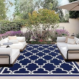 OutdoorLines Outdoor Reversible Rugs for Patio 5x8 ft - Outside Plastic Carpet, Stain & UV Resistant Portable RV Mat, Straw Rug for Camping, Backyard, Deck, Picnic, Porch Moroccan Navy & White