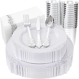 Nervure 175PCS Silver Plastic Plates - White and Silver Disposable Plates for 25 Guests Include 50Plates, 25Cups, 25Forks, 25Knives, 25Spoons, 25Napkins for Wedding & Party