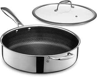 HexClad Hybrid Nonstick 5.5-Quart Deep Sauté Pan with Tempered Glass Lid, Stay-Cool Handle, Dishwasher-Friendly, Oven-Safe Up to 900°F, Induction Ready, Compatible with All Cooktops