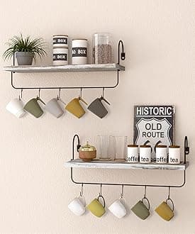 Petrala Wooden Wall Shelf Coffee Bar Kitchen Floating Shelves Set of 2 Wall Shelf with Towel Holder Hooks Rustic Vintage Design Hanging Shelves for Bathroom Living Room Cup Shelf White