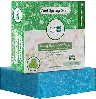 360Feel Cool Spring Scrub Soap - Made in The USA - Castile Handmade, All-Natural, Cold-Processed - Infused with Essential Oils for Gentle Exfoliation & Rich Lather - 5 oz
