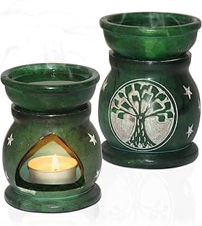 Pure Source India Handcrafted Soapstone Aroma Burner Oil Diffuser and 1 Tea Light Candle (Green)