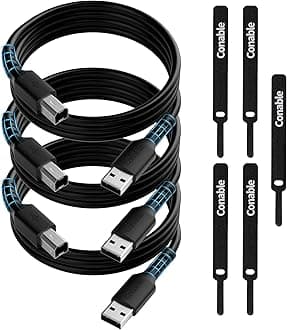 Printer Cable 6FT (3-Pack), USB 2.0 USB-A to USB-B Cord, Compatible with HP, Canon, Epson, DAC, Dell, Brother, Brother, Lexmark, Xerox, Samsung, Piano, MIDI, External Hard Drive, Camera, with 5 Ties