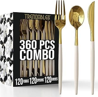 Trendables 360 Pack Disposable Silverware Set - Ivory & Gold Plastic Cutlery Dinnerware - Includes 120 Plastic Forks, Spoons, Knives - Party Set