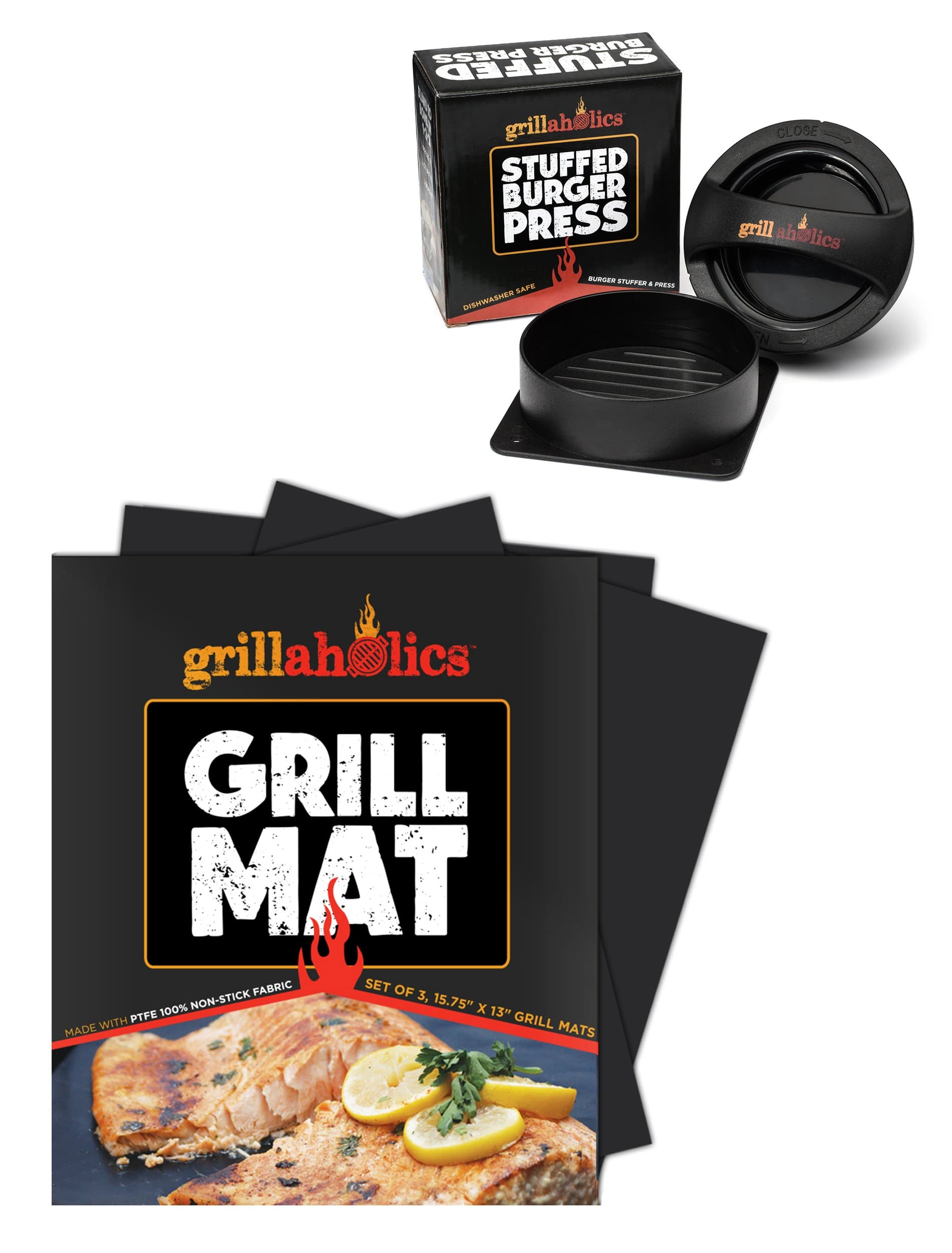 Grillaholics Grill Mat and Stuffed Burger Press Bundle - Includes Set of 2 Non Stick BBQ Grilling Mats and Hamburger Patty Maker for Grilling - Great BBQ Grill Gift