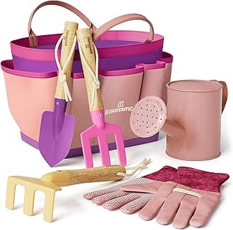 Kinderific Gardening Set, Tool Kit, for Kids, STEM, Includes Tote Bag, Spade, Watering Can, Rake, Fork, Trowel and Gloves (Princess Pink)
