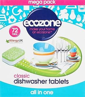 EcoZone Classic All-In-One Dishwasher Tablets, Effective Cleaning Formula Cuts Through Grease & Grime, Natural Vegan & Non Toxic Tabs, Plant Based Plastic-Free, Leaves No Residue (Box of 72 Capsules)