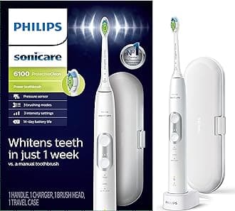 Philips Sonicare ProtectiveClean 6100 Rechargeable Electric Toothbrush, with Pressure Sensor, 3 Cleaning Modes, SmarTimer and QuadPacer, 14-Day Battery Life, Travel Case, White, Model HX6877/21
