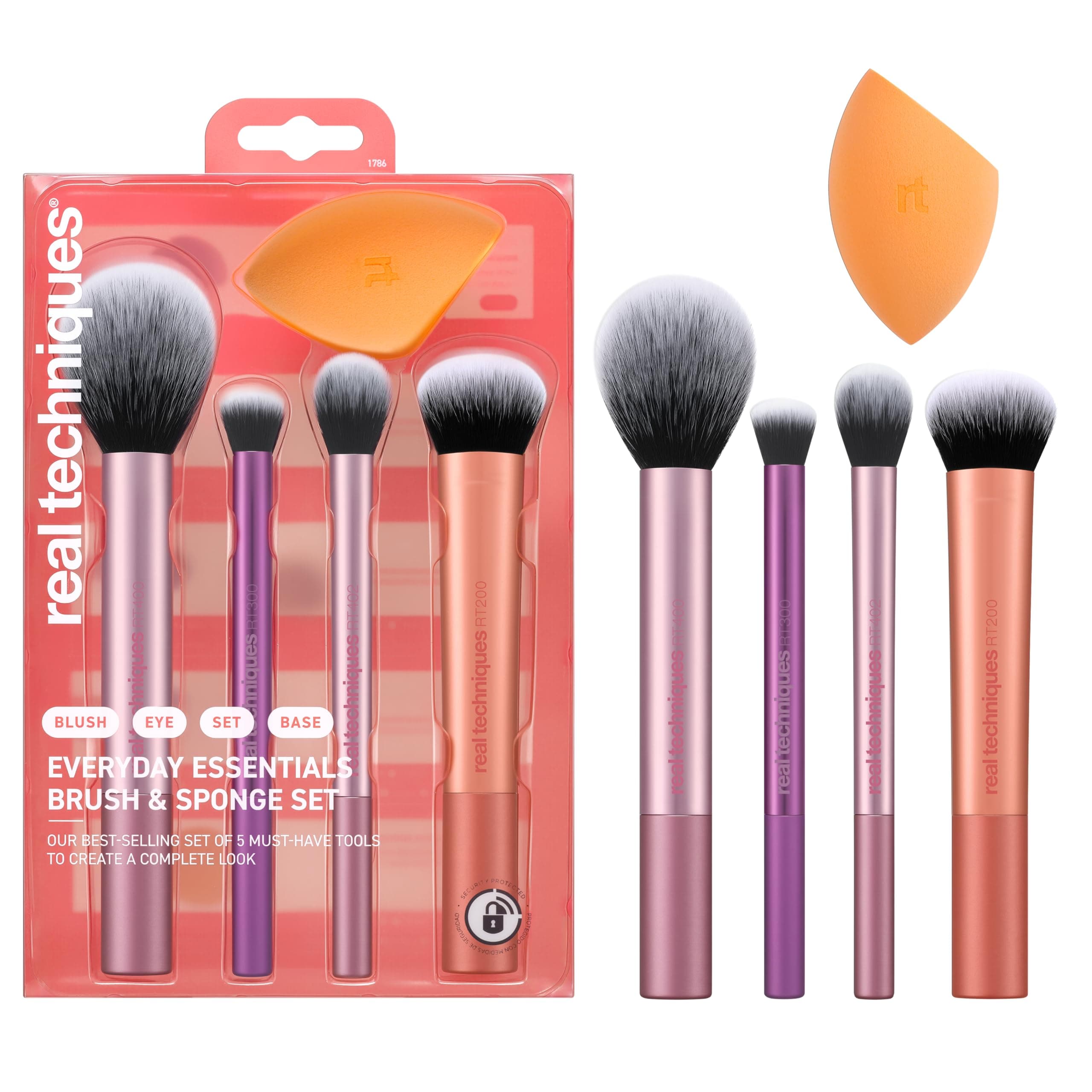 5 Piece Everyday Essentials Makeup Brush Set, Includes 4 Brushes & Makeup Sponge, For Foundation, Blush, Bronzer, Contour, Eyeshadow, & Powder, Travel Gift Set, Cruelty-Free & Vegan