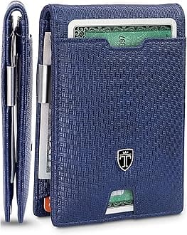 TRAVANDOMens Slim Wallet with Money Clip AUSTIN RFID Blocking Bifold Credit Card Holder for Men with Gift Box, Blue & Metal