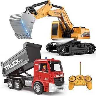 Remote Control Excavator and Dump Truck Toy Set - RC Construction Vehicles Toy with Lights and Sounds, Present for Toddlers 6-12 Year Boys Girls