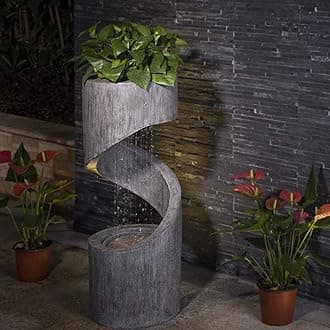 Glitzhome Outdoor Water Fountain with LED Light, Spiral Outdoor Fountain Waterfall with Stone Planter, Modern Curved Freestanding Fountain Water Feature for Garden Patio Backyard, 31.3" H