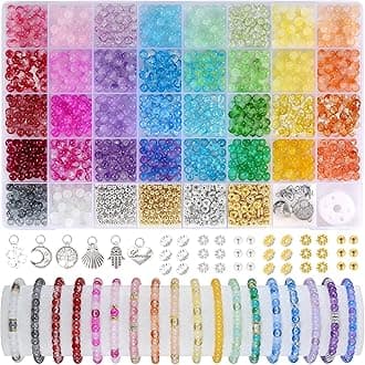 Funtopia Glass Beads for Bracelets 6mm, 1396pcs Bracelet Making Kit 34 Colors Glass Beads for Jewelry Making, Crystal Bead for Bracelets DIY Crafts with Spacer Bead and Charms