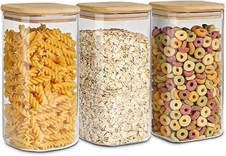 Airtight Glass Storage Canister with Wood Lid (50oz), Clear Food Storage Container Jar with Sealing Bamboo Lid for Noodles Flour Cereal Rice Sugar Tea Coffee Beans, Set of 3