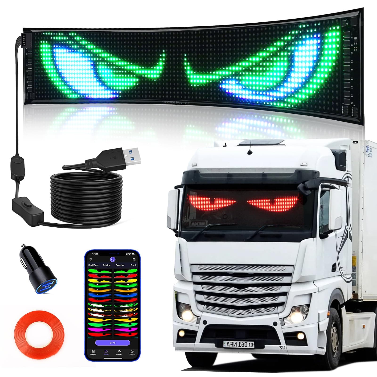 Devil Eyes Light for Windshield, 23"×5" Flexible Bluetooth APP Control Scrolling LED Car Sign Full Color Display Custom Text Pattern Animation Programmable LED Sign for Car Truck (1PCS)