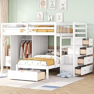 Merax Full Over Twin Bunk Bed with Wardrobe, Drawers, White