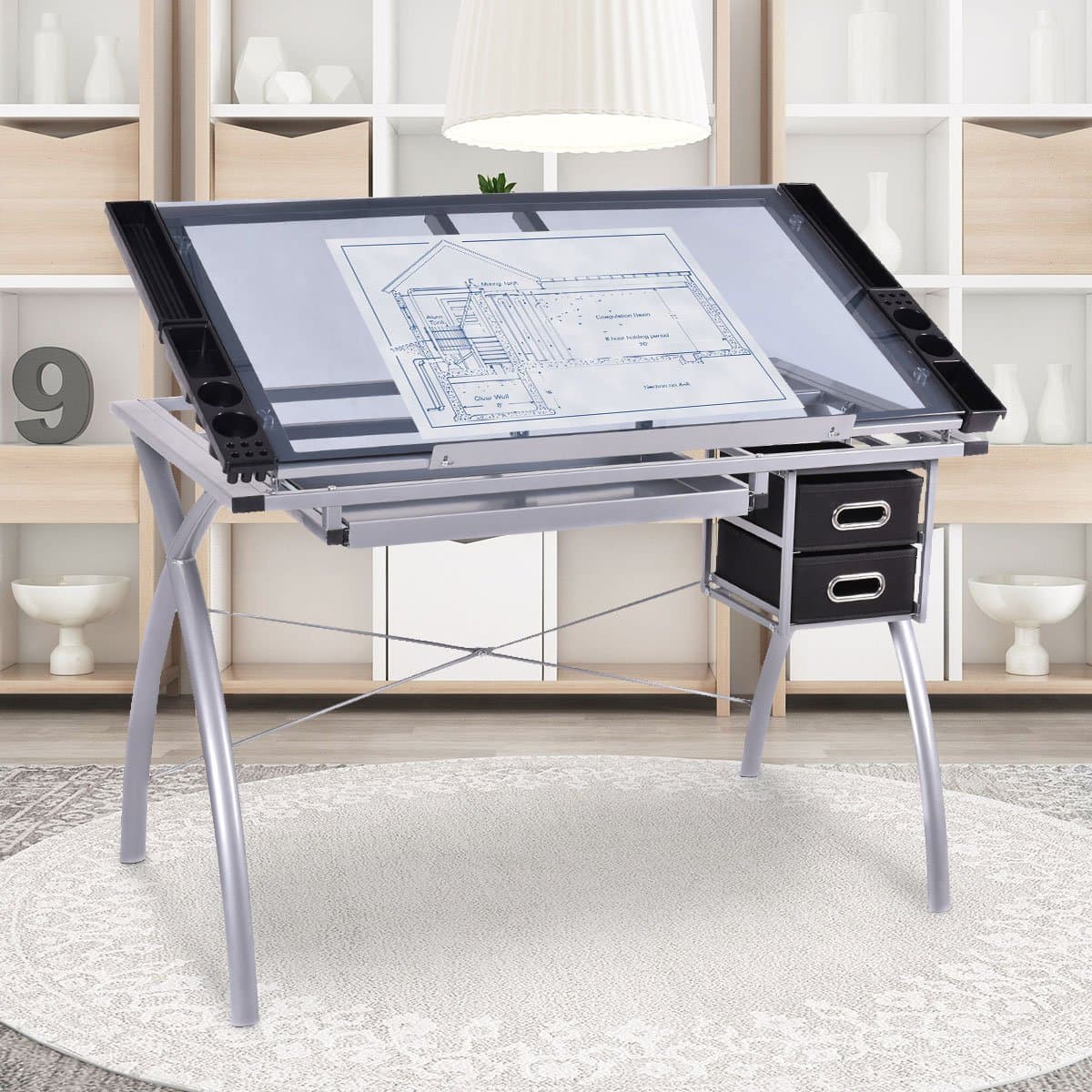 COSTWAY Drafting Table Titlable Tabletop Drawing Table Adjustable Height Home Office Desk (Glass Board with Drawers)