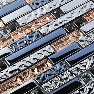 Hominter Metallic Glass Tile Rose Gold, Silver & Ink Blue Interlocking Linear Mosaic for Kitchen Backsplash, Bathroom Walls, Fireplace Surrounds & Accent Decor (6 Square Feet)