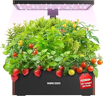 SUNCOZE Hydroponics Growing System Kit 20 Pods, Indoor Herb Garden with Grow Light 30W, 10L Large Water Tank with Adjustable Height to 25", Built-in Pump, Gardening Gifts, Black and Brown