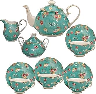 Gracie China by Coastline Imports Shabby Rose Teal 11-Piece 11pc Tea Set