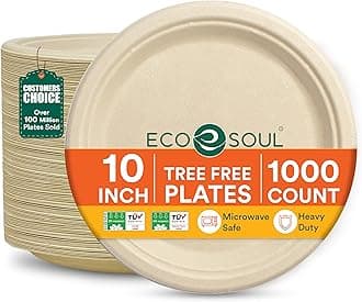 ECO SOUL Paper Plates (25Cm) 10" [1000-Pack] Heavy Duty Compostable Sugarcane Bagasse Dinner Plates | Eco Friendly Biodegradable Disposable Plate for Dinner, Parties & Events