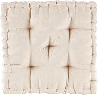 Intelligent Design Azza Floor Pillow Square Pouf Chenille Tufted with Scalloped Edge Design Hypoallergenic Bench/Chair Cushion, 20” x 20” x 5”, Ivory