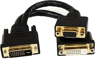 StarTech.com DVI I to DVI D and VGA Splitter, 8in, Wyse Compatible, DVI Video Splitter Cable for Dual Monitor Setup (DVI92030202L), Black