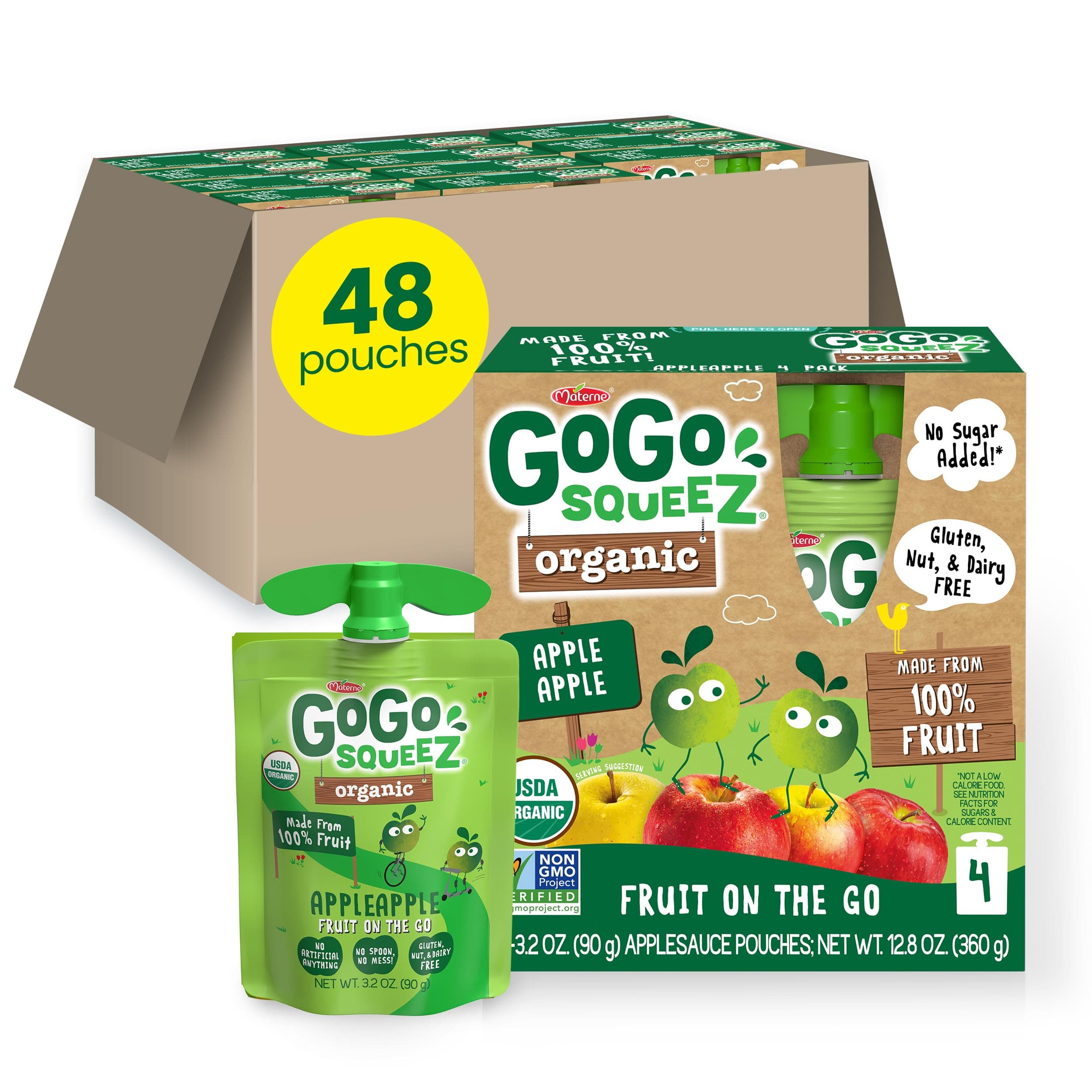 - GoGo squeeZ Organic Applesauce and Fruit Puree, Apple Apple, 3.2 oz (Pack of 48), Unsweetened Organic Fruit Snacks for Kids, Gluten Free, Nut Free and Dairy Free, Recloseable Cap, BPA Free Pouches