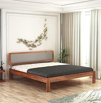 - Wooden Queen Size Bed for Bedroom | Wooden Double Bed | Platform Cot Bed with Upholstered Cushioned Headboard | 6.5 x 5 Ft | Sheesham Solid Wood, Honey Finish