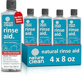 Dishwasher Rinse Aid Liquid, Non Toxic Natural Formula, Spot Free Shine for Glasses & Dishes, Hard Water Stain Remover, Dishwasher Drying Agent, 8 oz/250 ml Pack of 4