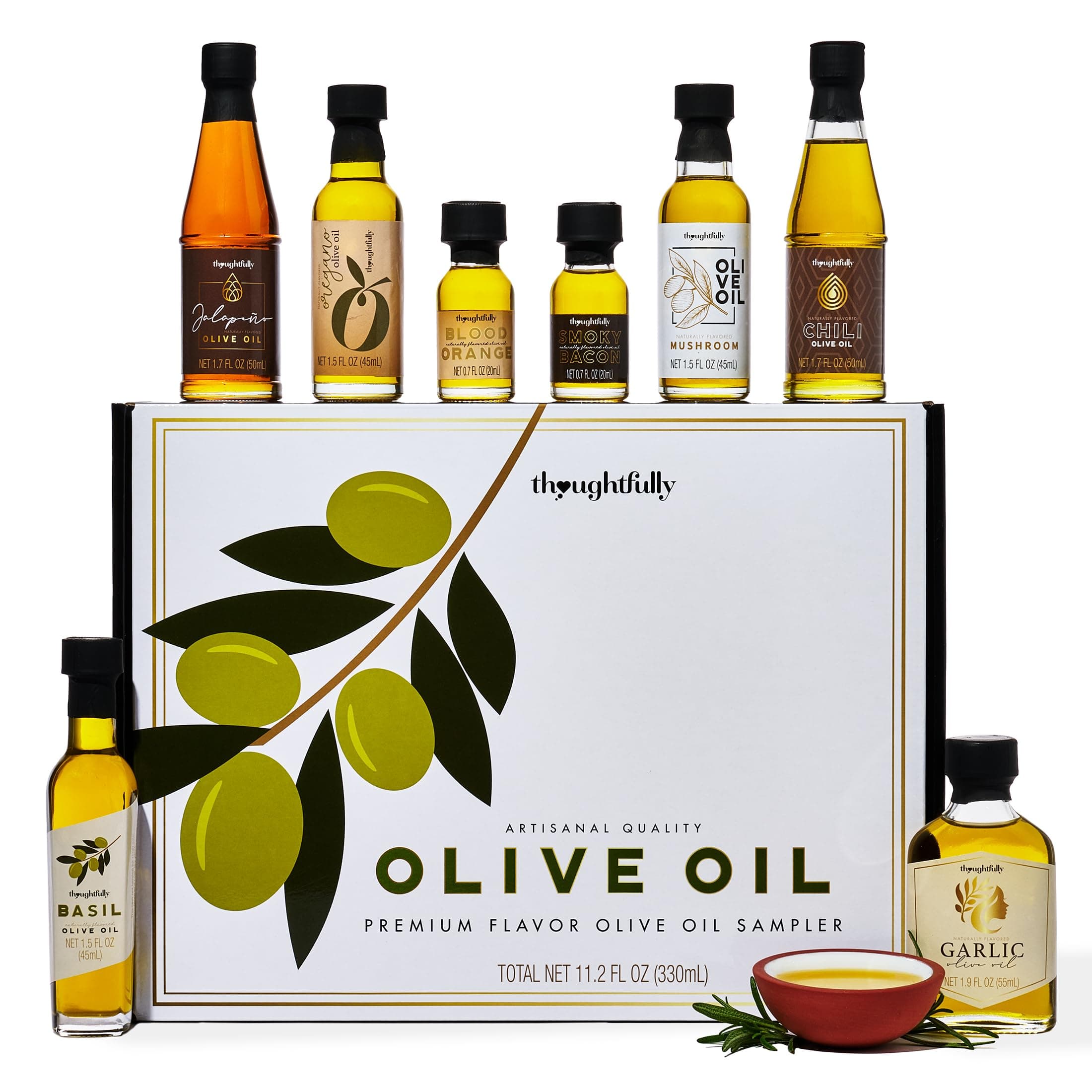 Thoughtfully Gourmet, Olive Oil Sampler Gift Set, Premium Extra-Virgin Olive Oil from Spain, Natural Flavors Include Garlic, Chili, Smoky Bacon, Mushroom, Jalapeno and More, Set of 8