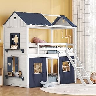Harper & Bright Designs Twin Over Twin Bunk Bed, Wood Twin Size House Bed with Elegant Windows, Sills and Tent, Blue+White