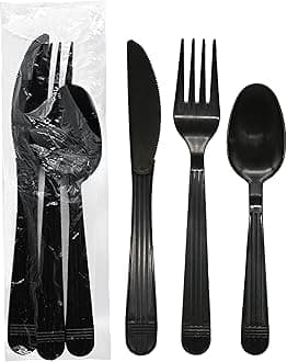 Individually Wrapped Heavy Duty Plastic Utensil Kits, 50 Sets for Party Catering, Fork/Spoon/Knife, Black