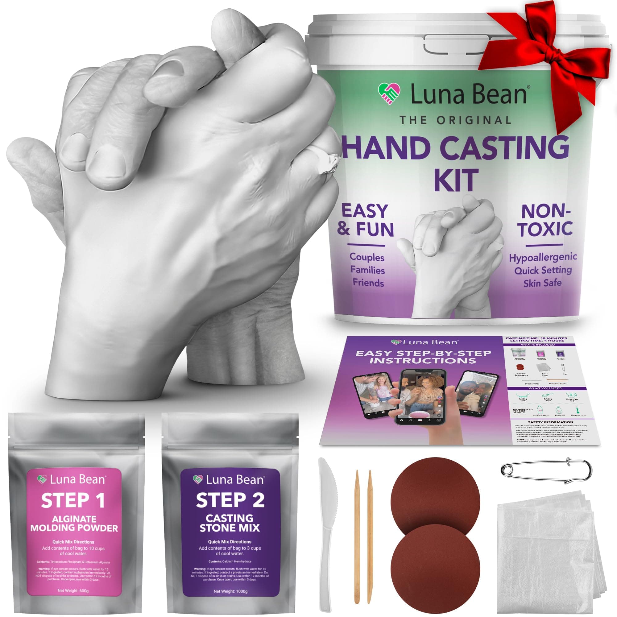 Luna Bean LARGE Keepsake Hands Casting Kit | DIY Plaster Statue Molding Hand Holding Craft Kit for COUPLES, Adult & Child, Wedding, Friends, Anniversary Gift