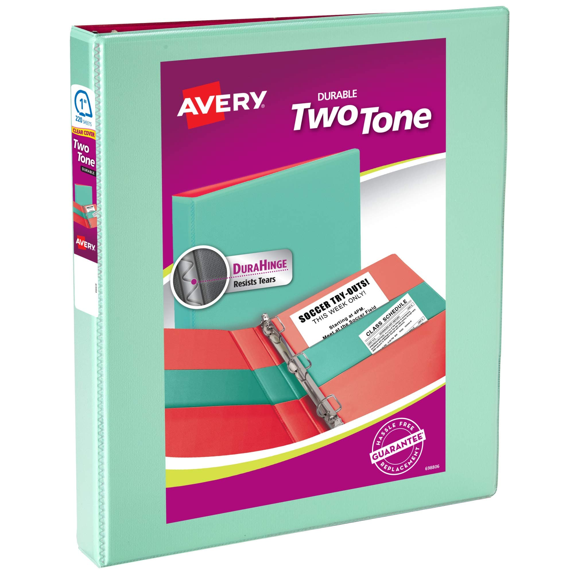 Avery Two-Tone Durable View 3 Ring Binder, 1 Inch Slant Rings, Mint/Coral Binder (17288)