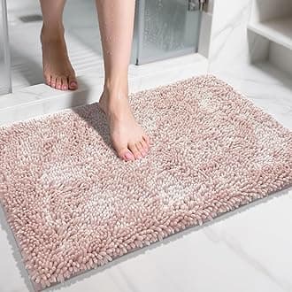 Yimobra Bathroom Rug, Chenille Extra Soft and Absorbent Shaggy Bath Mat, Non Slip, Machine Washable Dry, Plush Floor Carpet for Tub, Shower and Bath Room (31.5 Inches X 19.8 Inches, Pink)