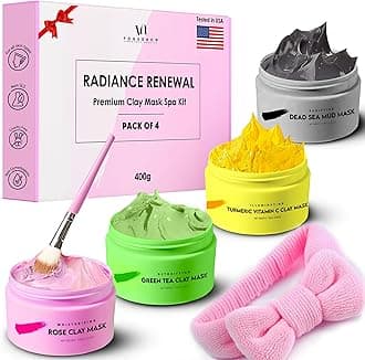 – VogueNow Clay Mask Gift Pack of 4 Jars (400g) With Cute Headband & Brush | Premium Clay Face Mask | Turmeric Vitamin C, Green Tea, Rose, Dead Sea Mud For Face | Spa Gift set for Women