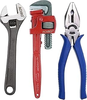 ACHRO AMBIKA/RUSTON Combo Pack of 3 Tool Kits Set for Home (8 Inch Adjustable Spanner, 8 Inch Combination Plier, 10 Inch Pipe Wrench)
